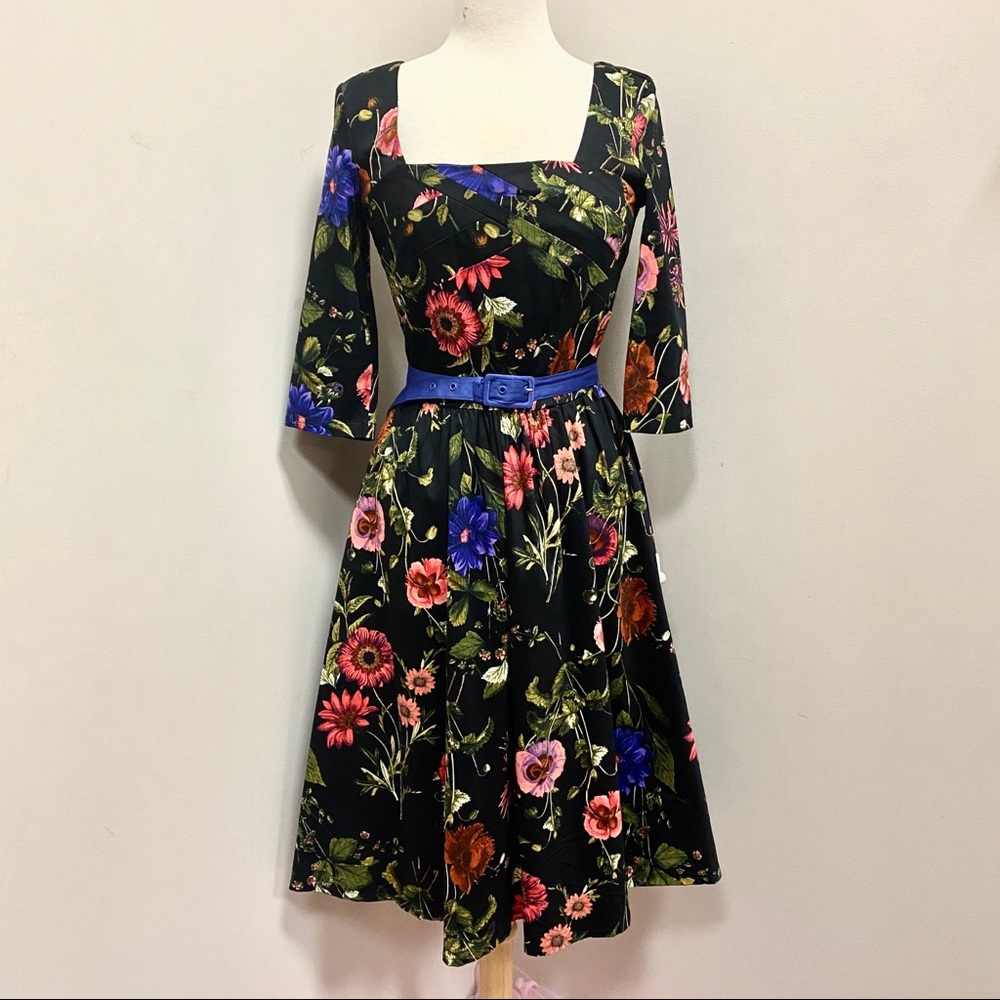 Voodoo Vixen Allie Floral Dress Black 50s Belted